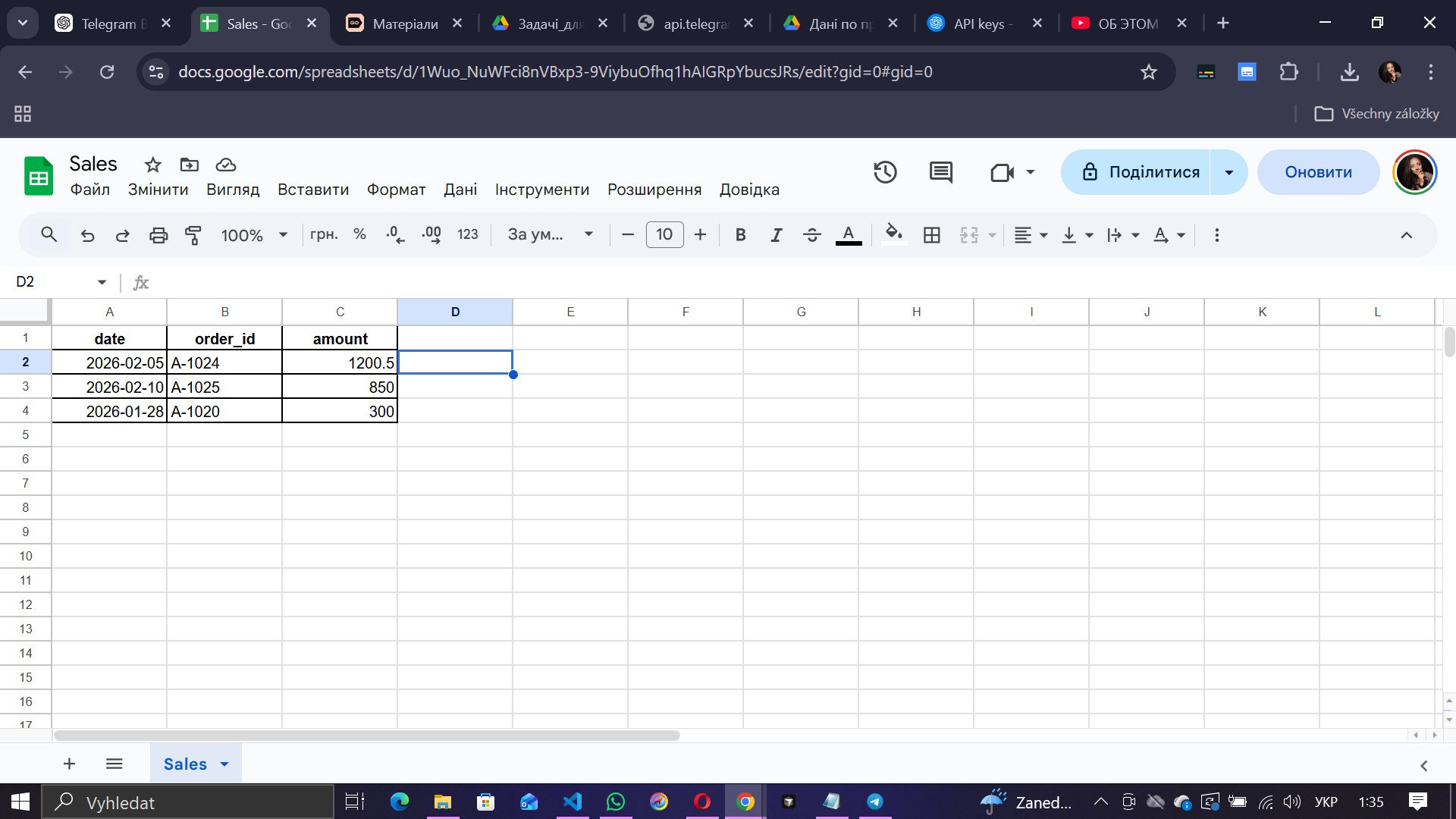 Raw sales dataset in Google Sheets